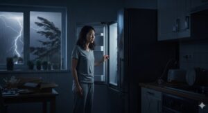停電で静かになった冷蔵庫を前に、不安な表情で中の食品を心配する女性。