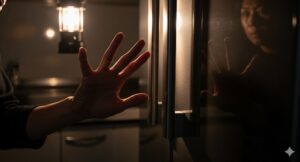 停電時、冷蔵庫の保冷時間を延ばすためにドアハンドルに伸ばした手を止めている様子。