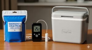  冷蔵庫の中身を守るための停電対策グッズ。保冷剤、温度計、クーラーボックス。