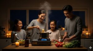  停電時にカセットコンロで調理することで、冷蔵庫の傷みやすい食材を有効活用する家族。