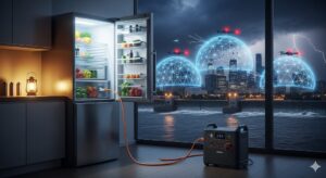 ポータブル電源を使用し、停電中でも冷蔵庫を稼働させ食品を守る、最新の防災対策。