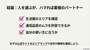 楽天モバイル契約前の最終確認チェックリスト(生活圏エリア・通信品質の許容度・使い方の適合性)