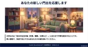 快適な部屋のイメージイラストと、読者への応援メッセージ