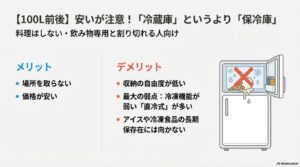 100Lクラス冷蔵庫のコンパクトなサイズ感と、直冷式・ワンドアによる冷凍能力の制限についての解説図