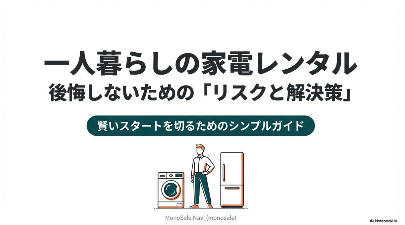 一人暮らしの家電レンタルで後悔しないためのリスクと解決策を解説するガイドの表紙。男性と洗濯機・冷蔵庫のイラスト。