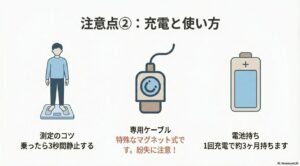 3秒間の静止、専用マグネットケーブルの使用、約3ヶ月持続するバッテリーの説明。