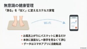 お風呂上がりにバスマットに乗るだけで、データがスマホへ自動転送される仕組みの説明。