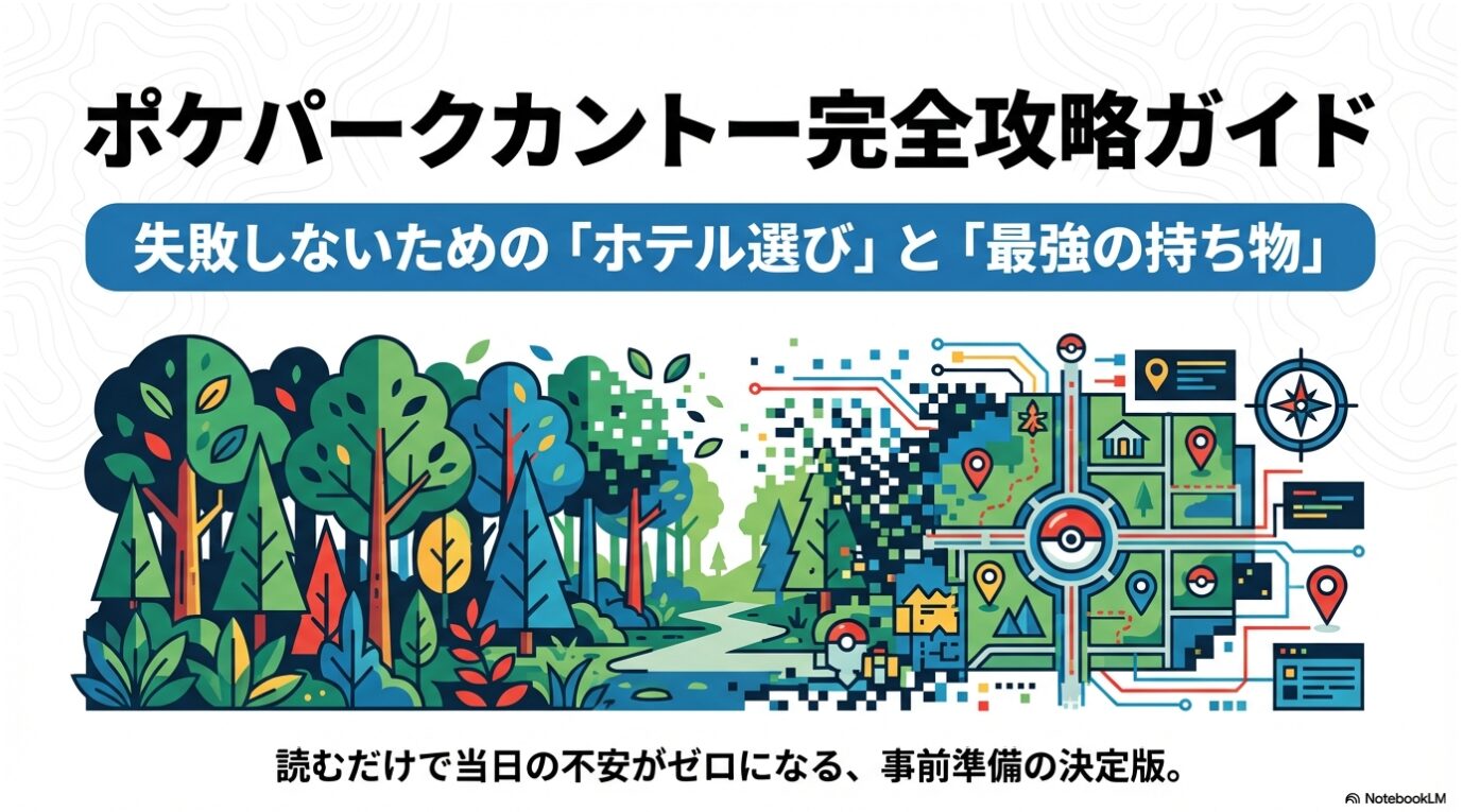 自然とデジタルが融合したポケパークカントーのイメージイラストと攻略ガイドのタイトル。