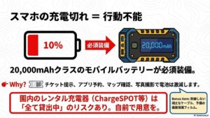 20,000mAhクラスのバッテリー推奨。チケット提示やアプリ予約で電池が激減することへの対策図。