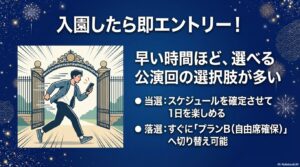 入園後すぐにエントリーすることで、当選・落選に関わらずその後のスケジュール（プランB）を早く立てられることを説明するイラスト。