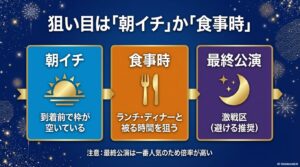 「朝イチ」や「食事時」が狙い目であり、最終公演は倍率が高いことを示す比較図。