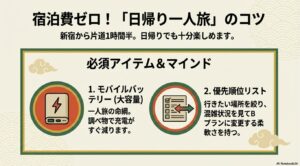 モバイルバッテリーや優先順位リストなど、日帰りを成功させるポイント