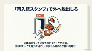 再入館スタンプで外へ脱出しろ。近隣のカフェや公園でのピクニックが正解。