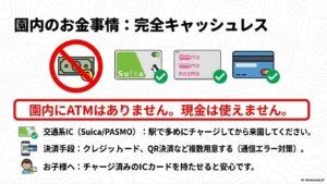 クレジットカード、Suica、PASMO、QR決済などの対応状況と、園内にATMがないことの警告。