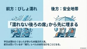 前方はびしょ濡れ、後方は安全地帯。平日は濡れたくない人が多いため後方から埋まる。