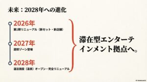 2026年の第1期から、2027年の遊郭ゾーン、2028年の温浴施設オープンまでの進化スケジュール。