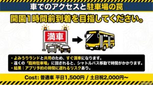 開園1時間前到着の推奨。満車で臨時駐車場に回されるとシャトルバス移動が発生し予約に遅れるリスクの解説。