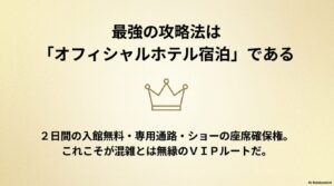 最強の攻略法はオフィシャルホテル宿泊である。2日間の入館無料、専用通路、ショーの座席確保権。