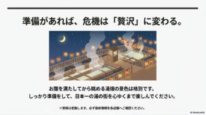 準備があれば、危機は「贅沢」に変わる。お腹を満たした後に眺める、美しい夜の湯畑のイラスト。