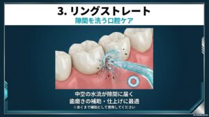 ミラブルゼロのリングストレート機能。中心が空洞になった水流が歯の隙間に届き、歯磨きの補助として口腔ケアに活用できることを示す図解。