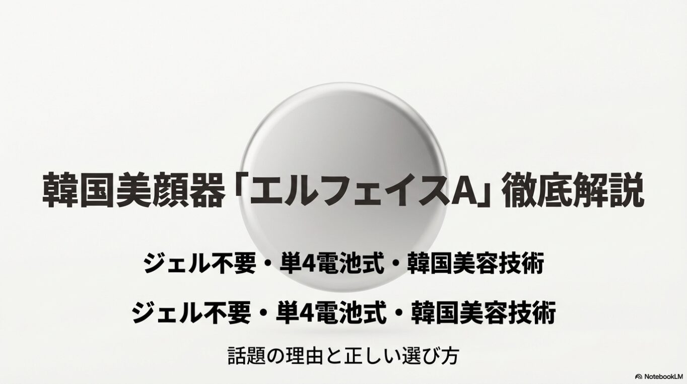 韓国美顔器エルフェイスA（ELFACR A）の徹底解説スライド表紙。ジェル不要、電池式の技術を紹介。