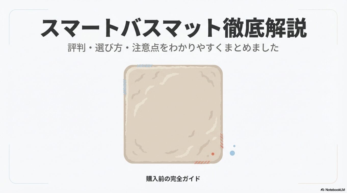 スマートバスマットの製品イメージと「徹底解説」の文字が描かれたスライド。