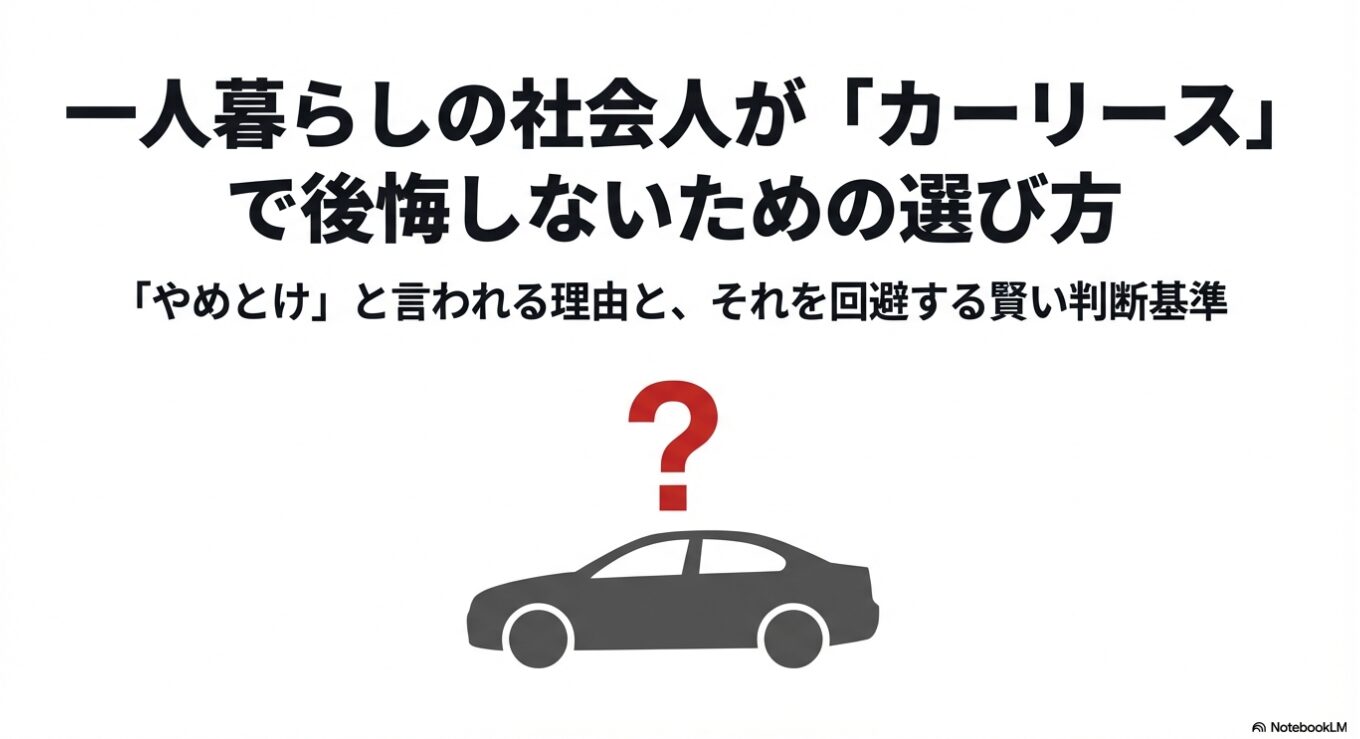 一人暮らしの社会人がカーリースで後悔しないための選び方を解説したスライド。車のシルエットの上にクエスチョンマークがあるイラスト。