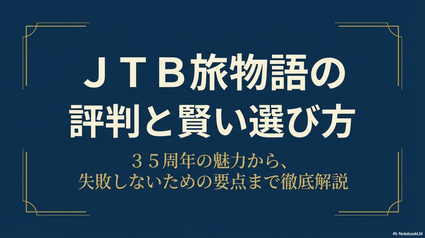 JTB旅物語の評判と賢い選び方。35周年の魅力から、失敗しないための要点までを解説するガイド資料の表紙。